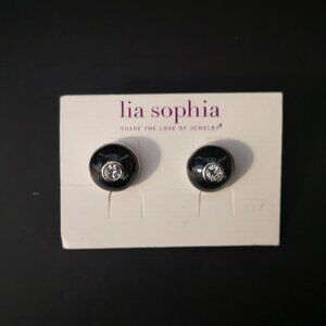 New Lia Sophia Token Silver Tone Stud Earrings w/ Black Enamel Domes & Crystal